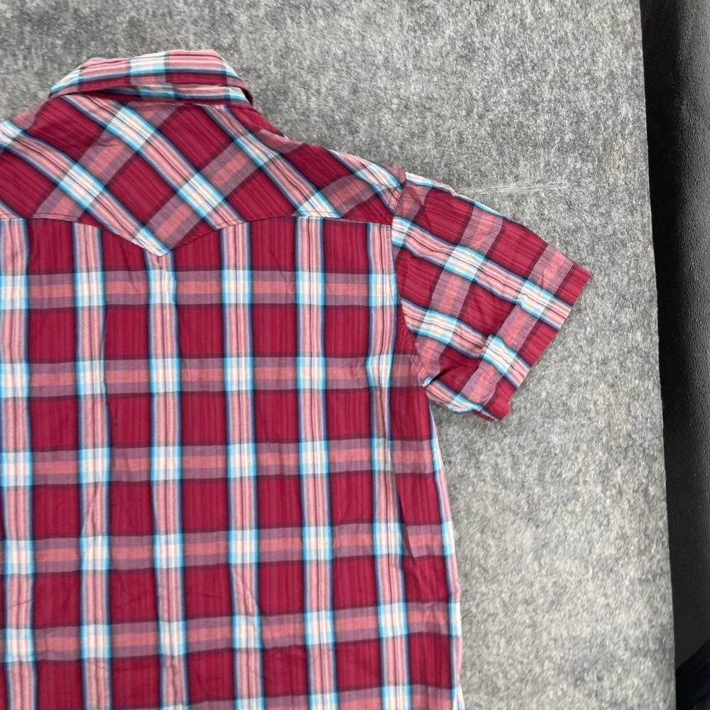 Lucky Brand Shirt Mens Large Red Plaid Short Sleeve Western Pearl Snap Cowboy